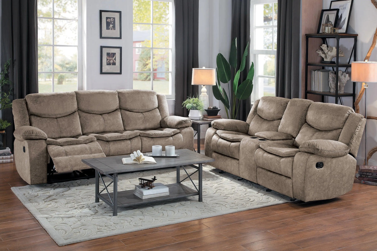 Bastrop Brown Fabric Double Glider Reclining Loveseat with Center Console by Homelegance at Eve Furniture