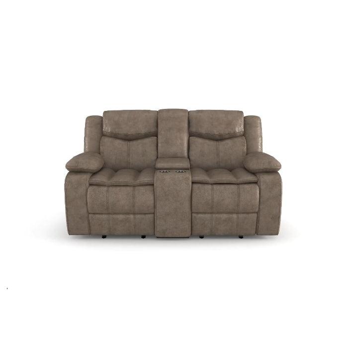 Bastrop Brown Fabric Double Glider Reclining Loveseat with Center Console by Homelegance at Eve Furniture