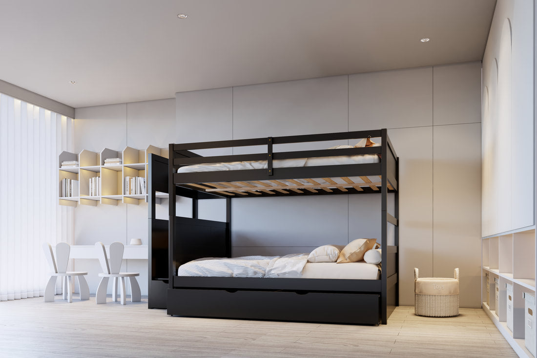 Linon Full/Full Black Bunk Bed w/Twin Trundle & Staircase Storage by Happy Homes at Eve Furniture