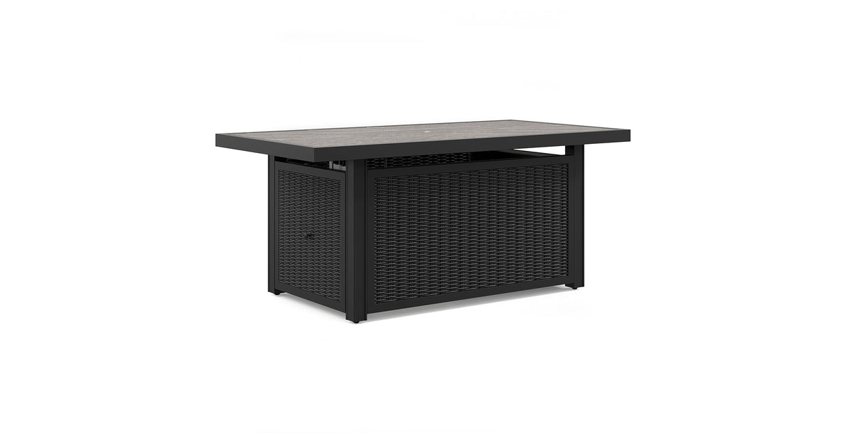 Beachcroft Black/Light Gray Outdoor Fire Pit Table and 4 Chairs by Ashley at Eve Furniture