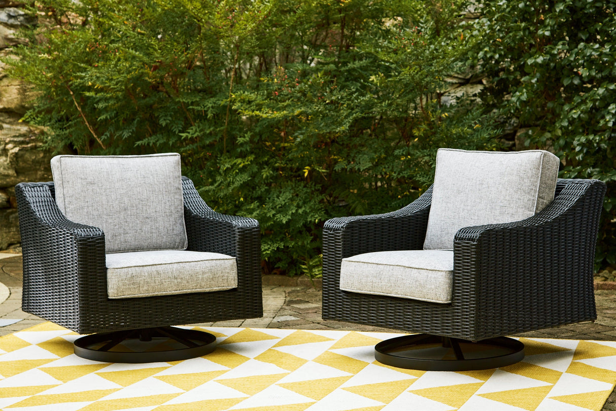 Beachcroft Black/Light Gray Outdoor Swivel Lounge by Ashley at Eve Furniture