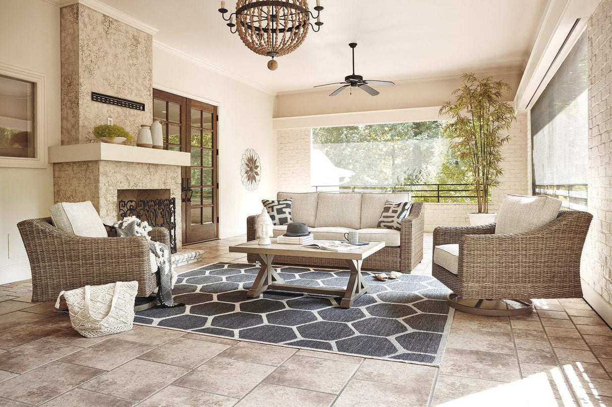 Beachcroft Beige Outdoor Sofa with Coffee Table and 2 End Tables by Ashley at Eve Furniture