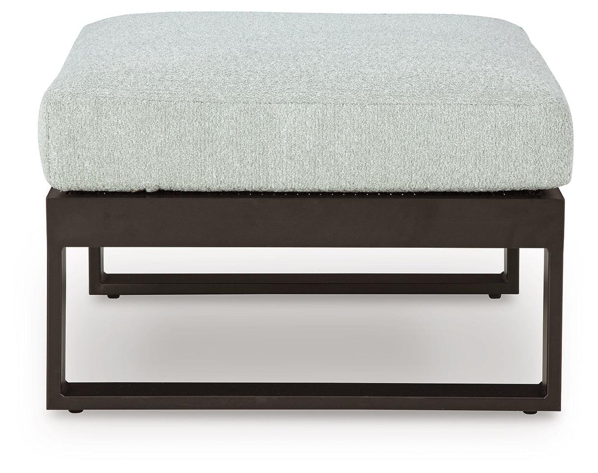 Beachloft Black/Gray Outdoor Ottoman with Cushion by Ashley at Eve Furniture