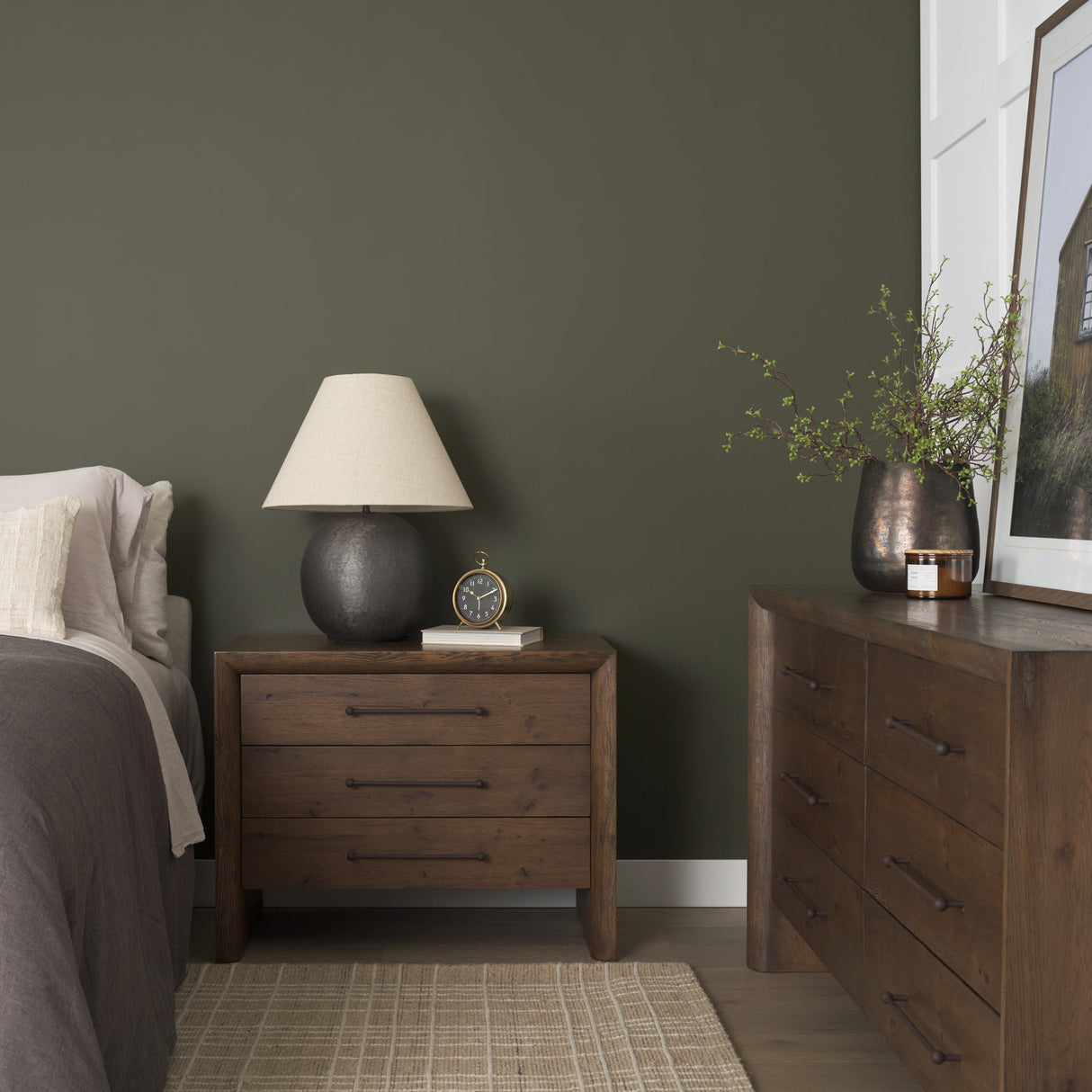 Belford 3-Drawer Dark Brown Oak Wood Closed Nightstand by Mercana at Eve Furniture