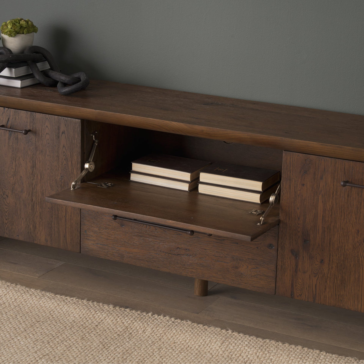 Belford Dark Brown Oak Wood Media Console by Mercana at Eve Furniture
