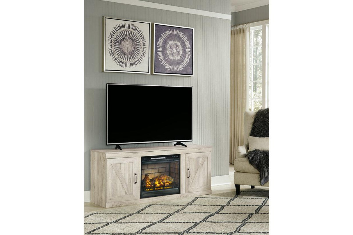 Bellaby Whitewash TV Stand with Electric Fireplace by Ashley at Eve Furniture