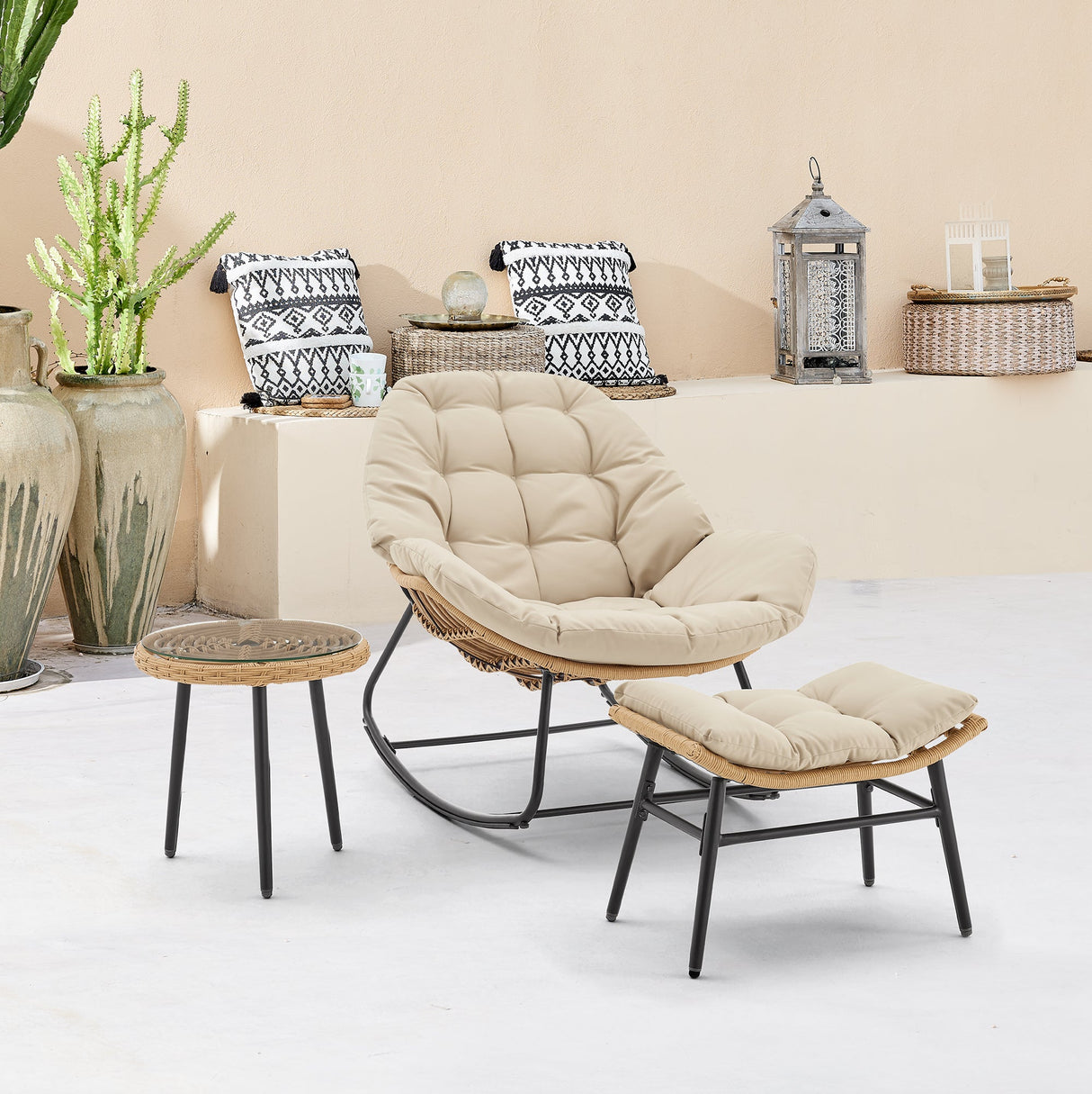 Benson 3-Piece Patio Rocking Chair with Ottoman and Table in Cream by Manhattan Comfort at Eve Furniture