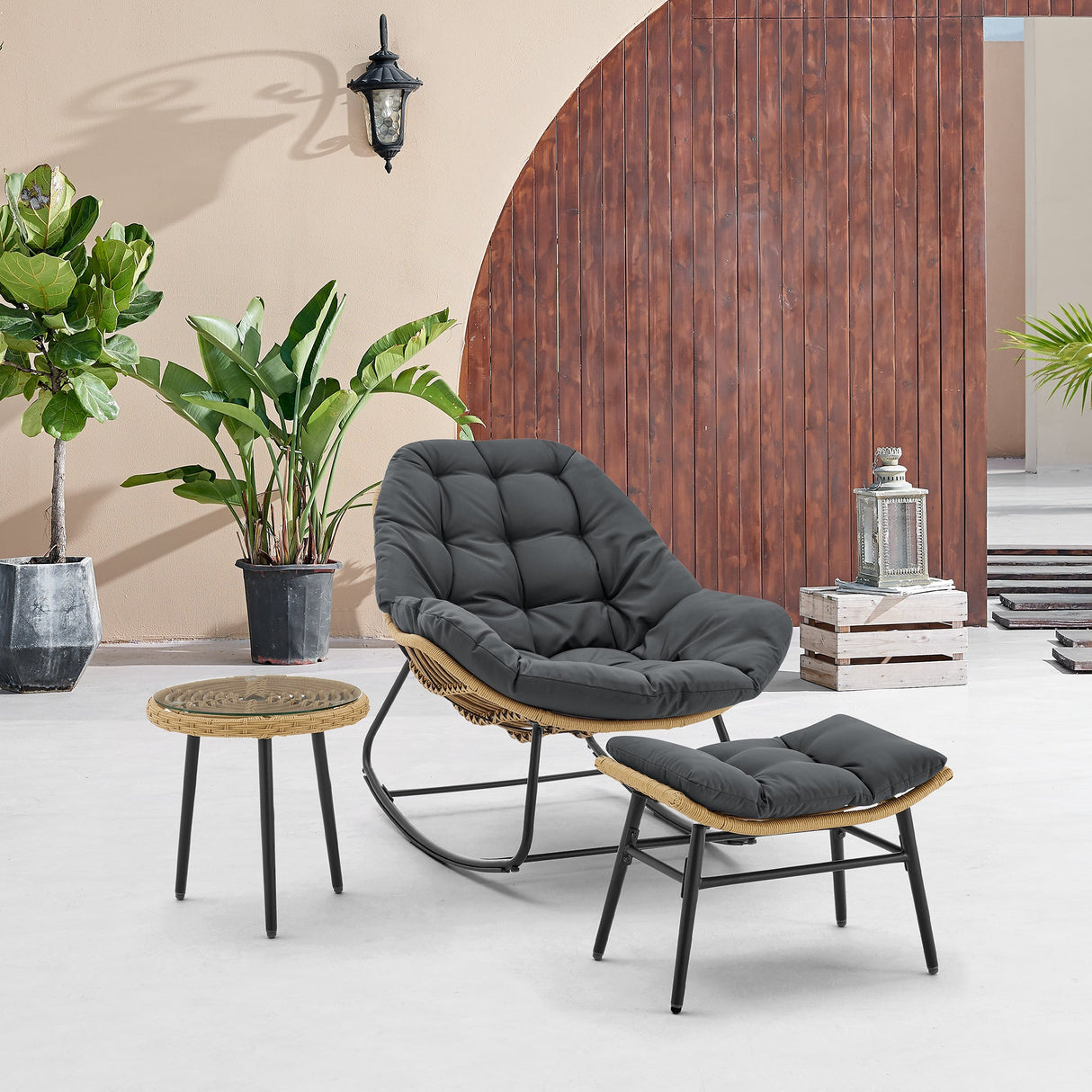 Benson 3-Piece Patio Rocking Chair with Ottoman and Table in Grey by Manhattan Comfort at Eve Furniture