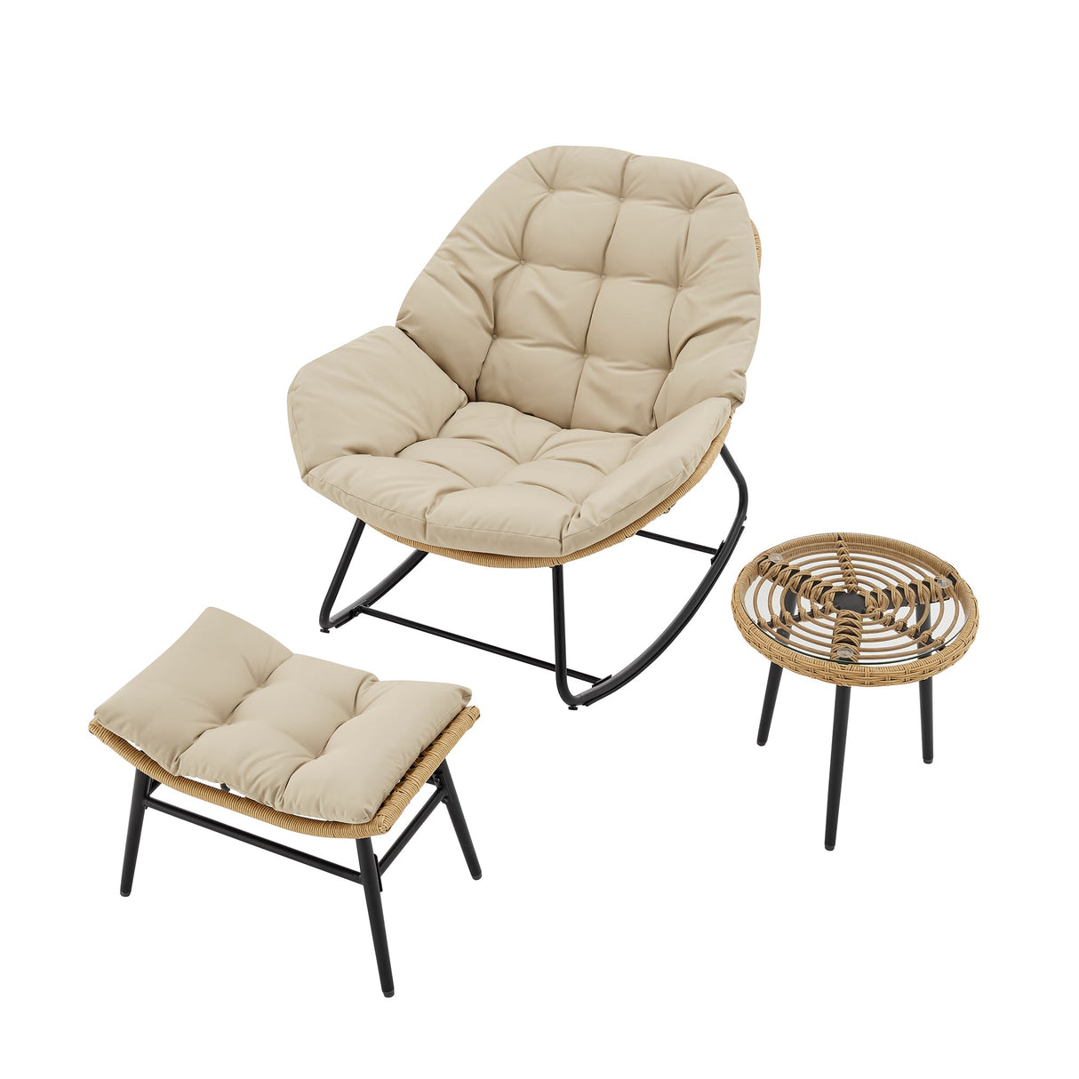 Benson 6-Piece Patio Rocking Chair Set with Ottomans and Tables in Cream by Manhattan Comfort at Eve Furniture