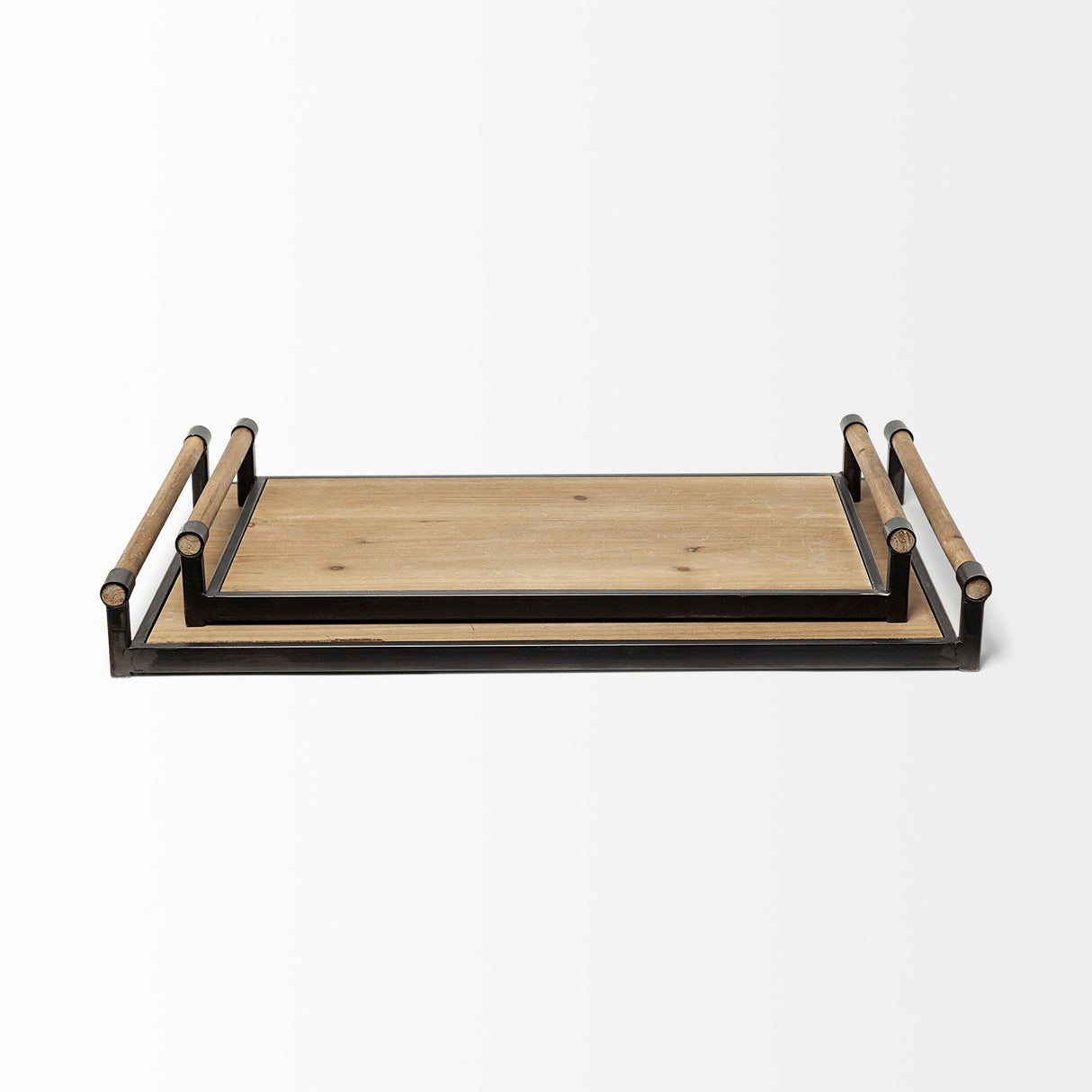 Benson Set of 2 Brown Wood Black Metal Trays by Mercana at Eve Furniture
