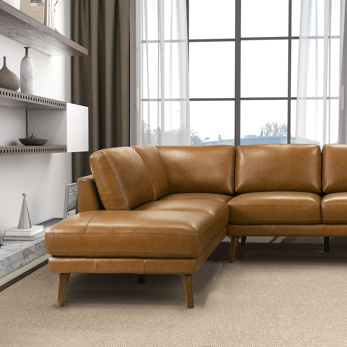 Benson Tan Leather Sectional Sofa Left Facing Chaise by Ashcroft Furniture at Eve Furniture