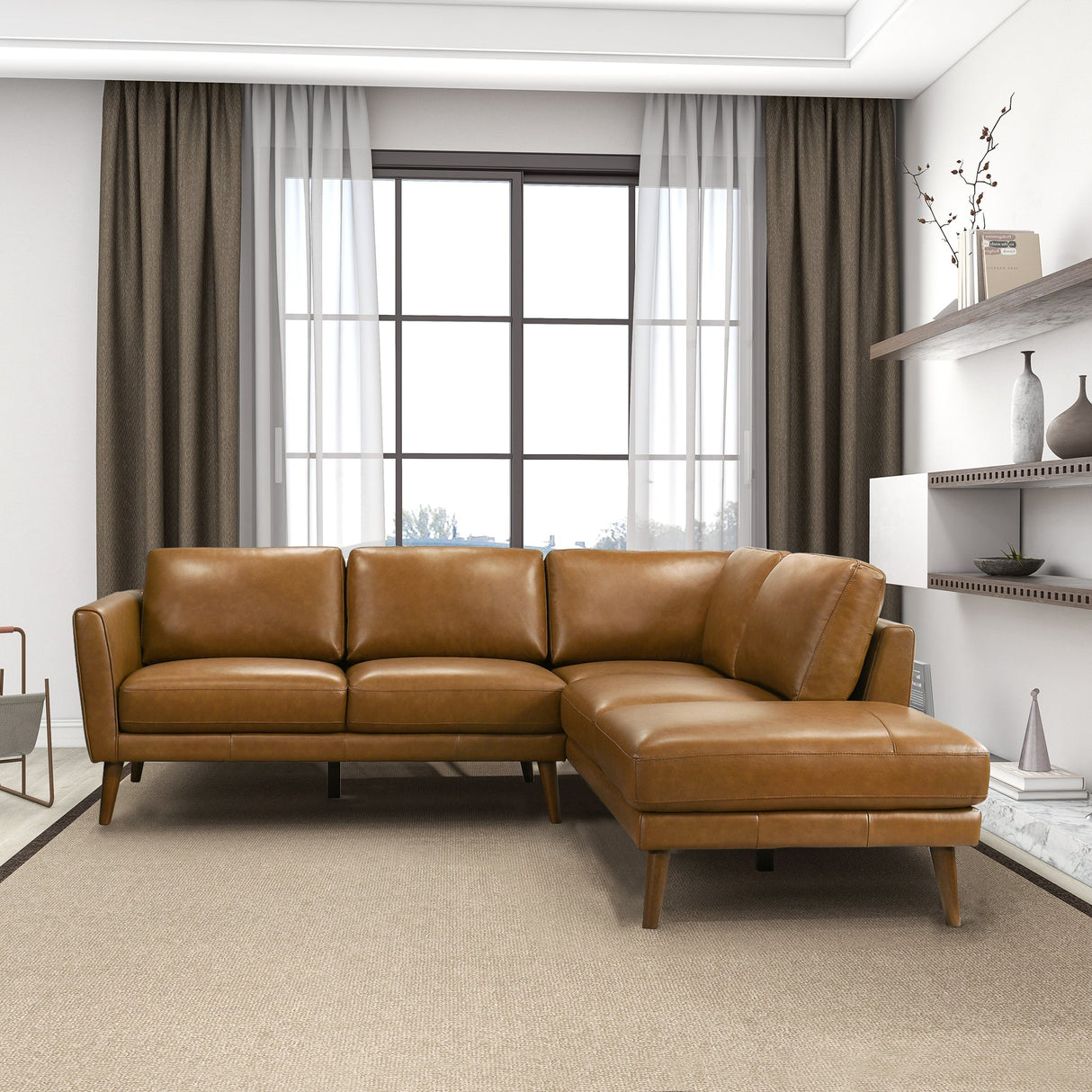 Benson Tan Leather Sectional Sofa Right Facing Chaise by Ashcroft Furniture at Eve Furniture