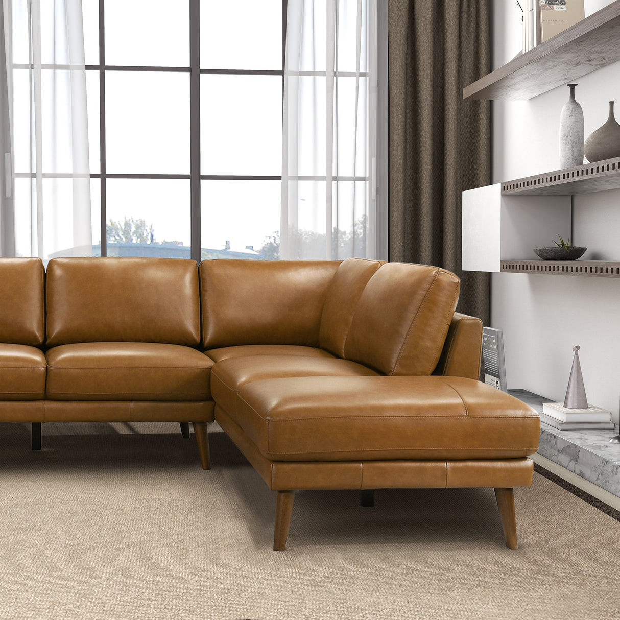 Benson Tan Leather Sectional Sofa Right Facing Chaise by Ashcroft Furniture at Eve Furniture