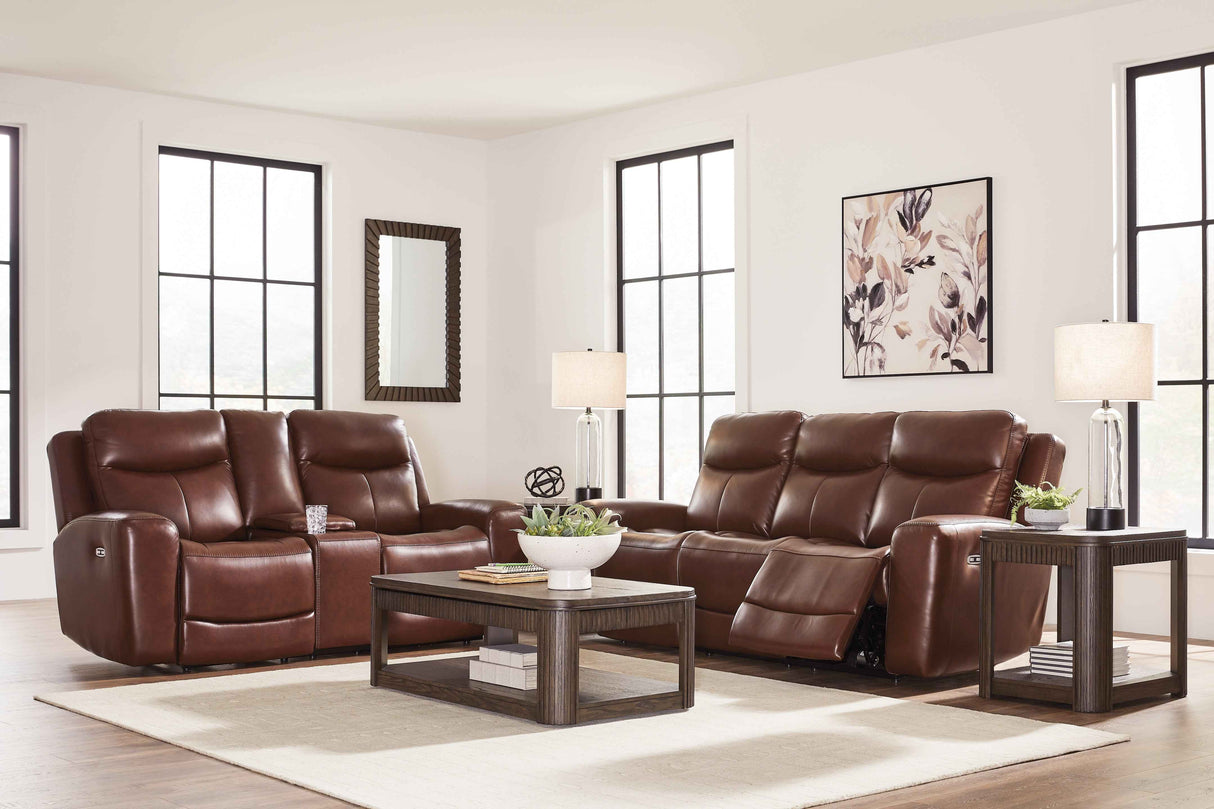 Bexhurst Mahogany Power Reclining Sofa and Loveseat by Ashley at Eve Furniture