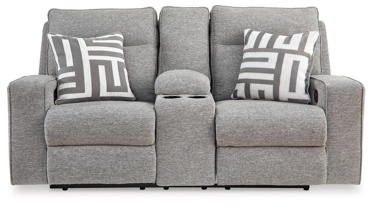 Biscoe Pewter Performance Fabric Dual Power Reclining Loveseat by Ashley at Eve Furniture