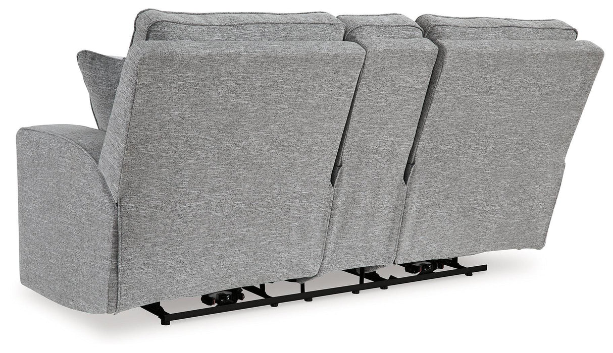 Biscoe Pewter Performance Fabric Dual Power Reclining Loveseat by Ashley at Eve Furniture