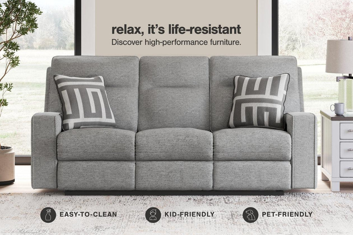 Biscoe Pewter Performance Fabric Dual Power Reclining Sofa and Loveseat by Ashley at Eve Furniture