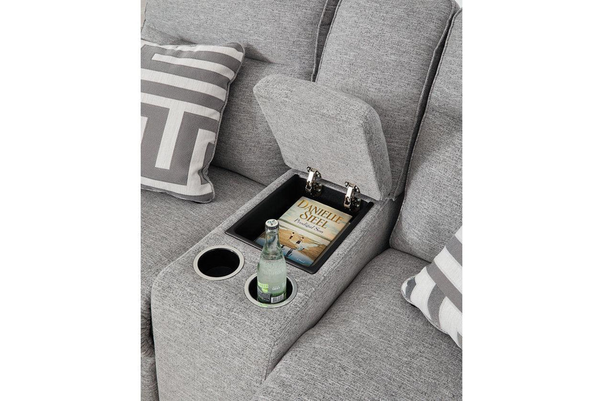 Biscoe Pewter Performance Fabric Dual Power Reclining Sofa and Loveseat by Ashley at Eve Furniture