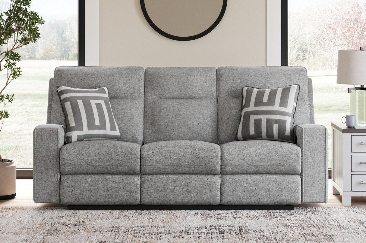 Biscoe Pewter Performance Fabric Dual Power Reclining Sofa and Loveseat by Ashley at Eve Furniture