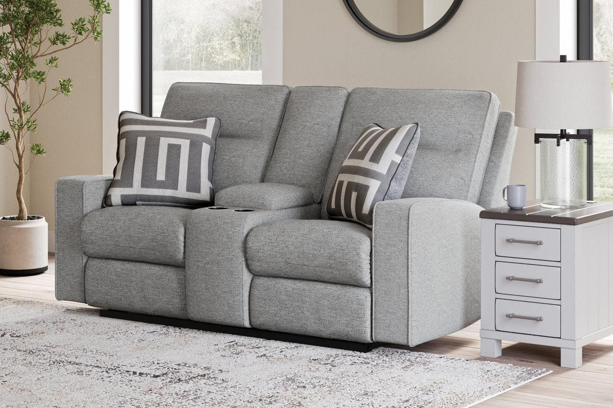 Biscoe Pewter Performance Fabric Dual Power Reclining Sofa and Loveseat by Ashley at Eve Furniture