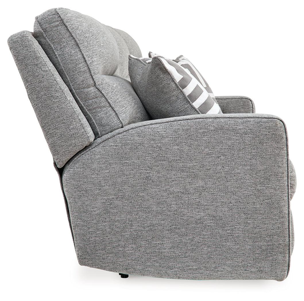 Biscoe Pewter Performance Fabric Dual Power Reclining Sofa by Ashley at Eve Furniture