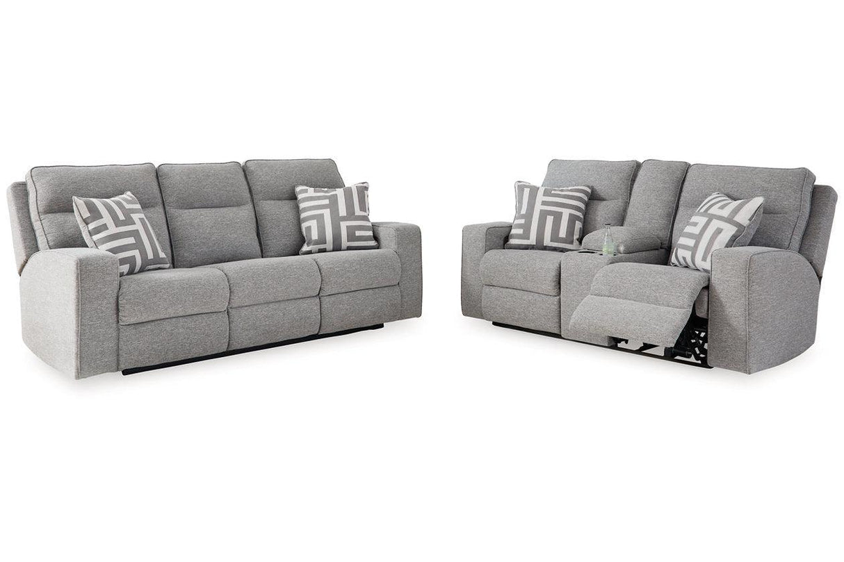 Biscoe Pewter Performance Fabric Dual Power Reclining Sofa and Loveseat by Ashley at Eve Furniture