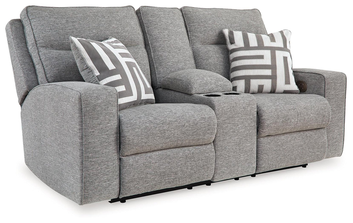 Biscoe Pewter Performance Fabric Dual Power Reclining Loveseat by Ashley at Eve Furniture