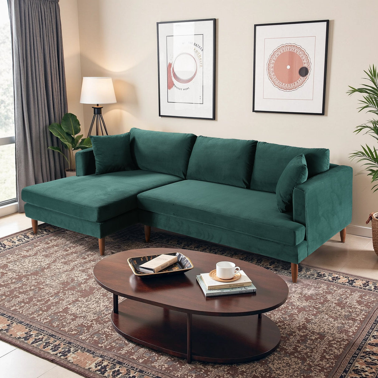 Blake L-Shaped Dark Green Velvet Sectional Sofa Left Facing by Ashcroft Furniture at Eve Furniture