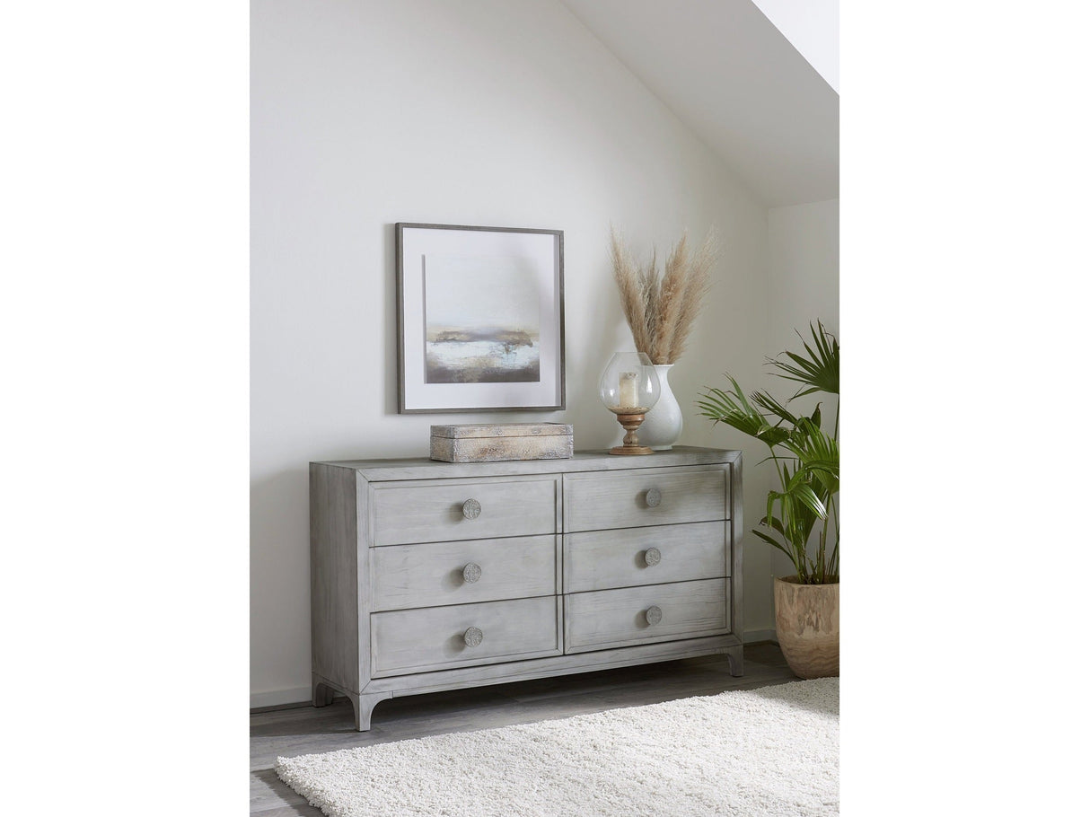 Boho Chic Six-Drawer Dresser in Washed White by Modus Furniture at Eve Furniture