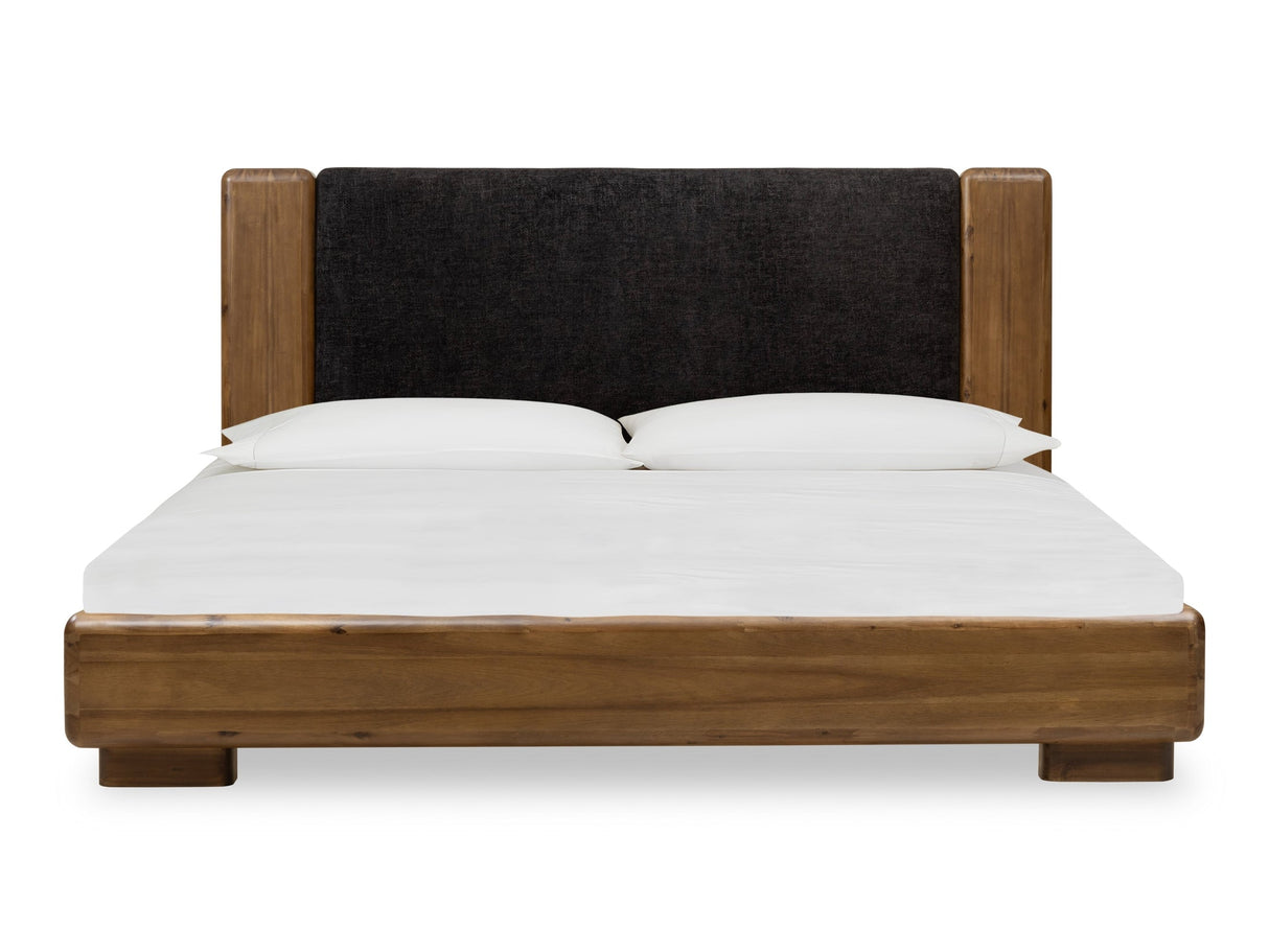 Boka Chenille Upholstered Acacia Wood Queen Platform Bed in Black and Impala by Modus Furniture at Eve Furniture