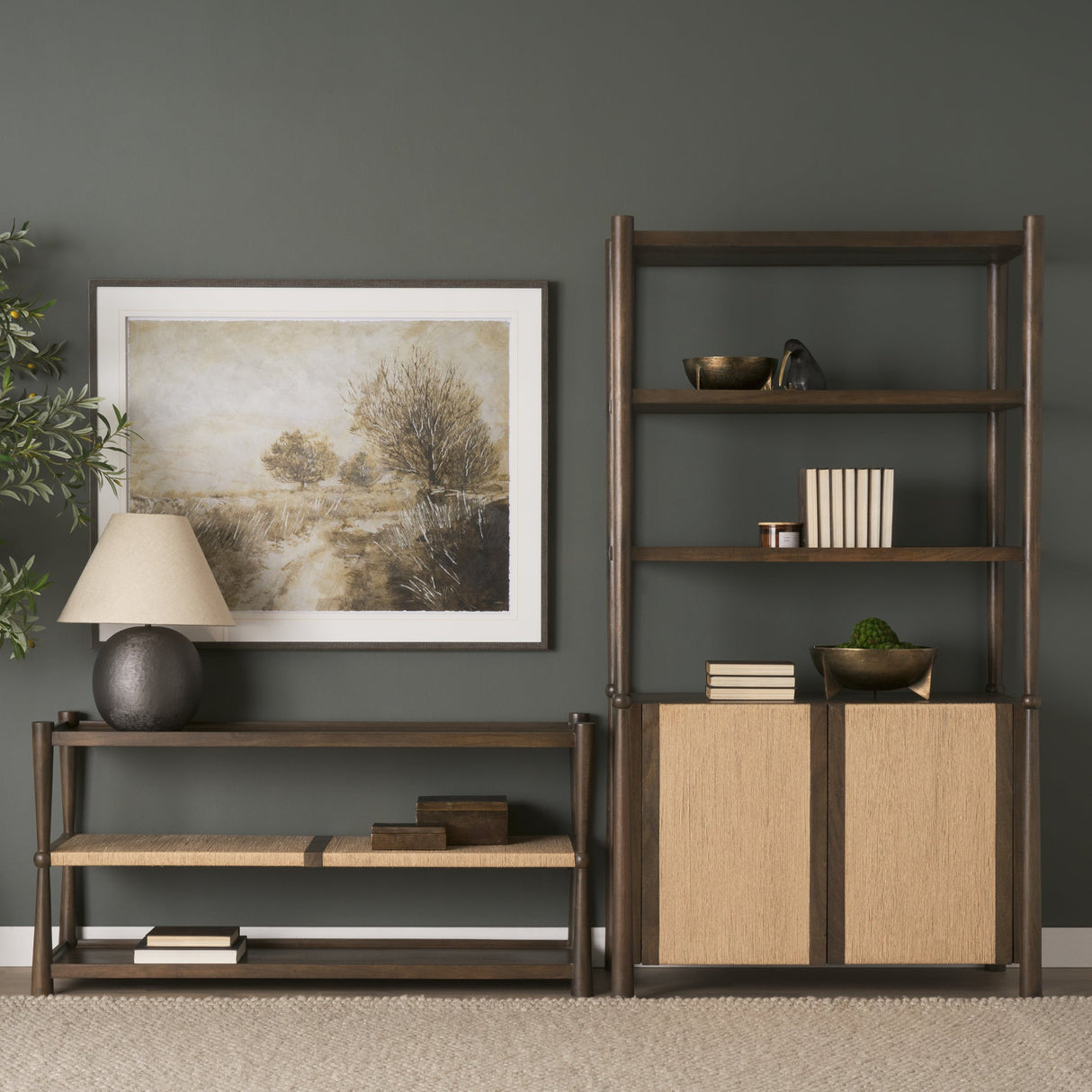 Bondi 2 Door Open Dark Brown Wood w/ Paper Rope Shelving Unit by Mercana at Eve Furniture