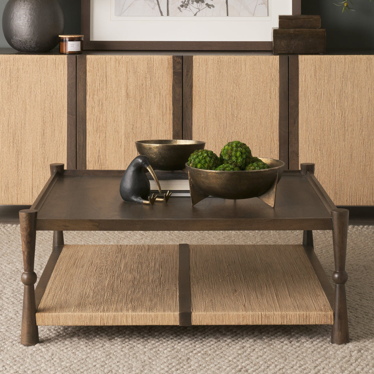 Bondi 42" Dark Brown Wood w/ Paper Rope Shelf Square Coffee Table by Mercana at Eve Furniture