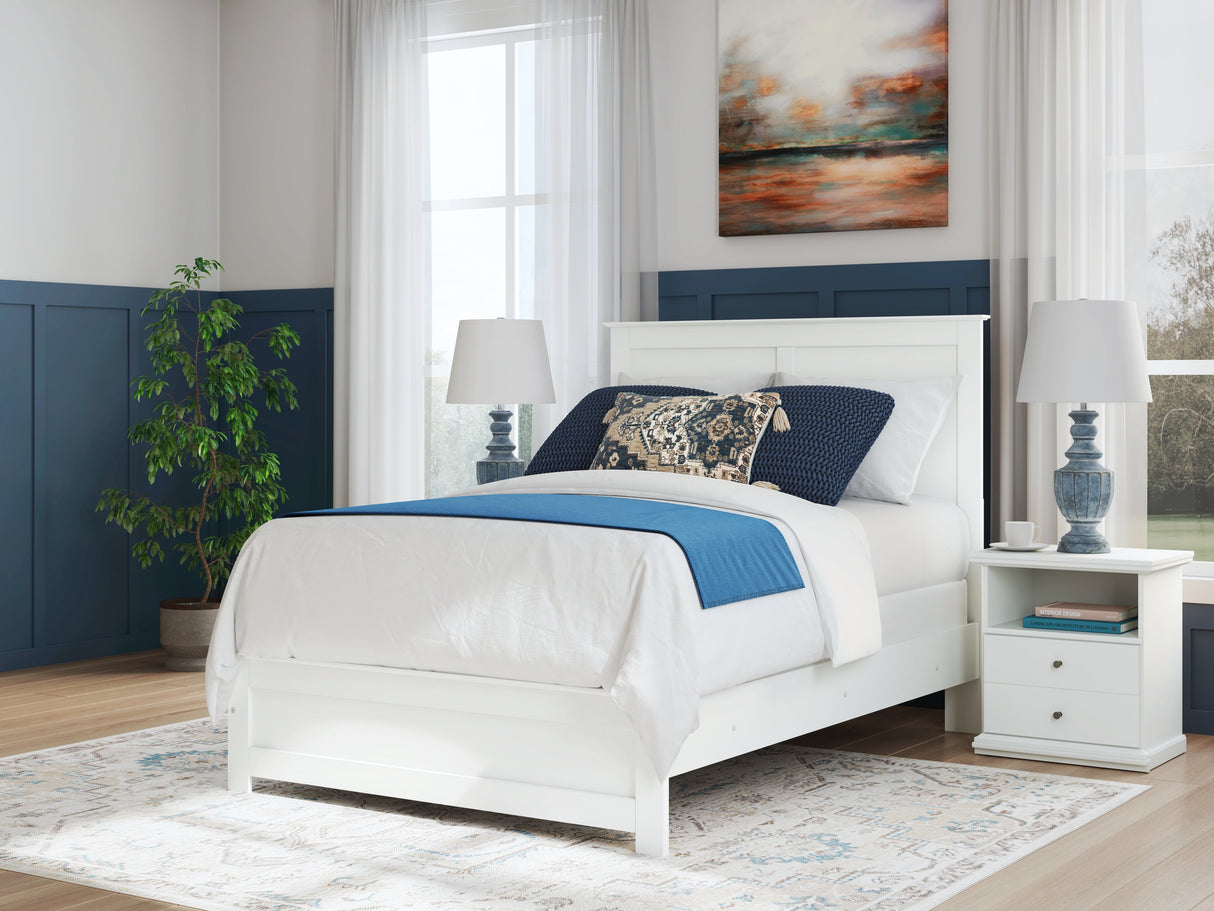Bostwick Shoals Full Panel Bed with Mirrored Dresser, Chest and Nightstand in White by Ashley at Eve Furniture
