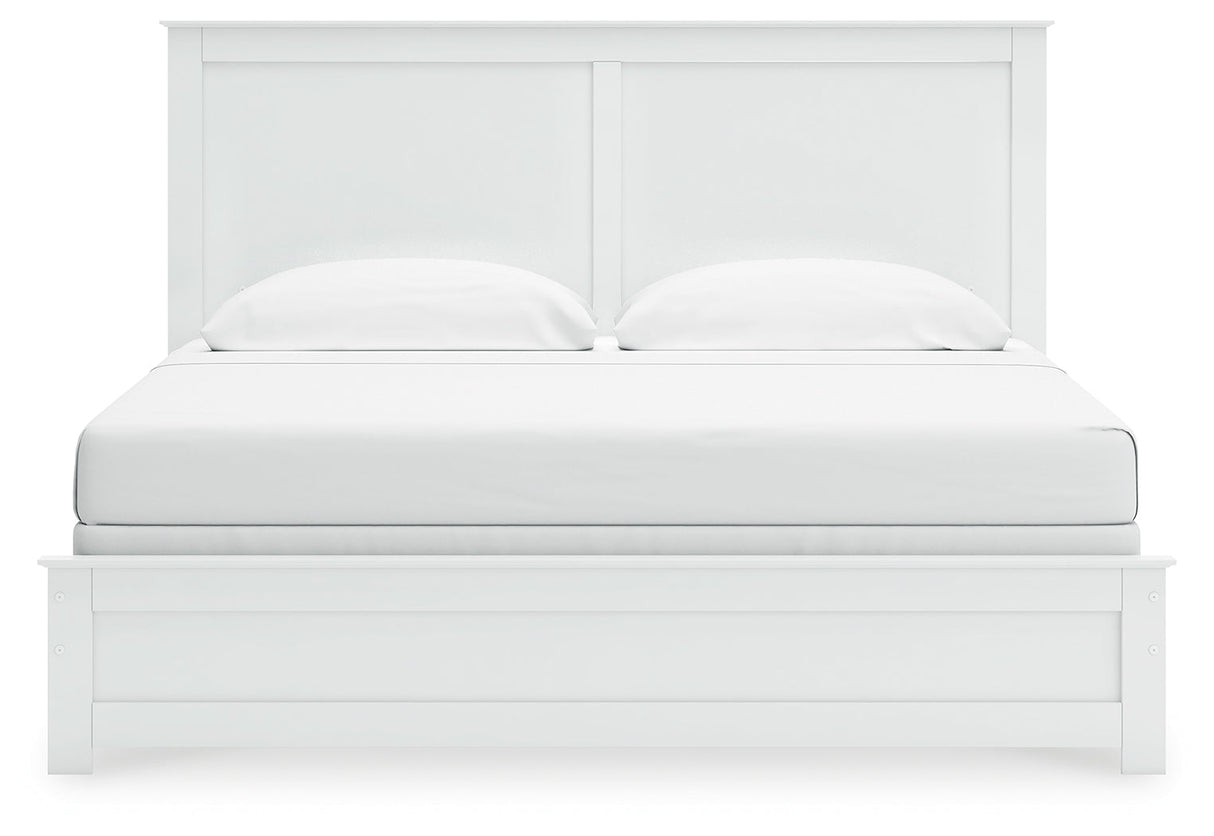 Bostwick Shoals King Panel Bed with Mirrored Dresser and 2 Nightstands in White by Ashley at Eve Furniture