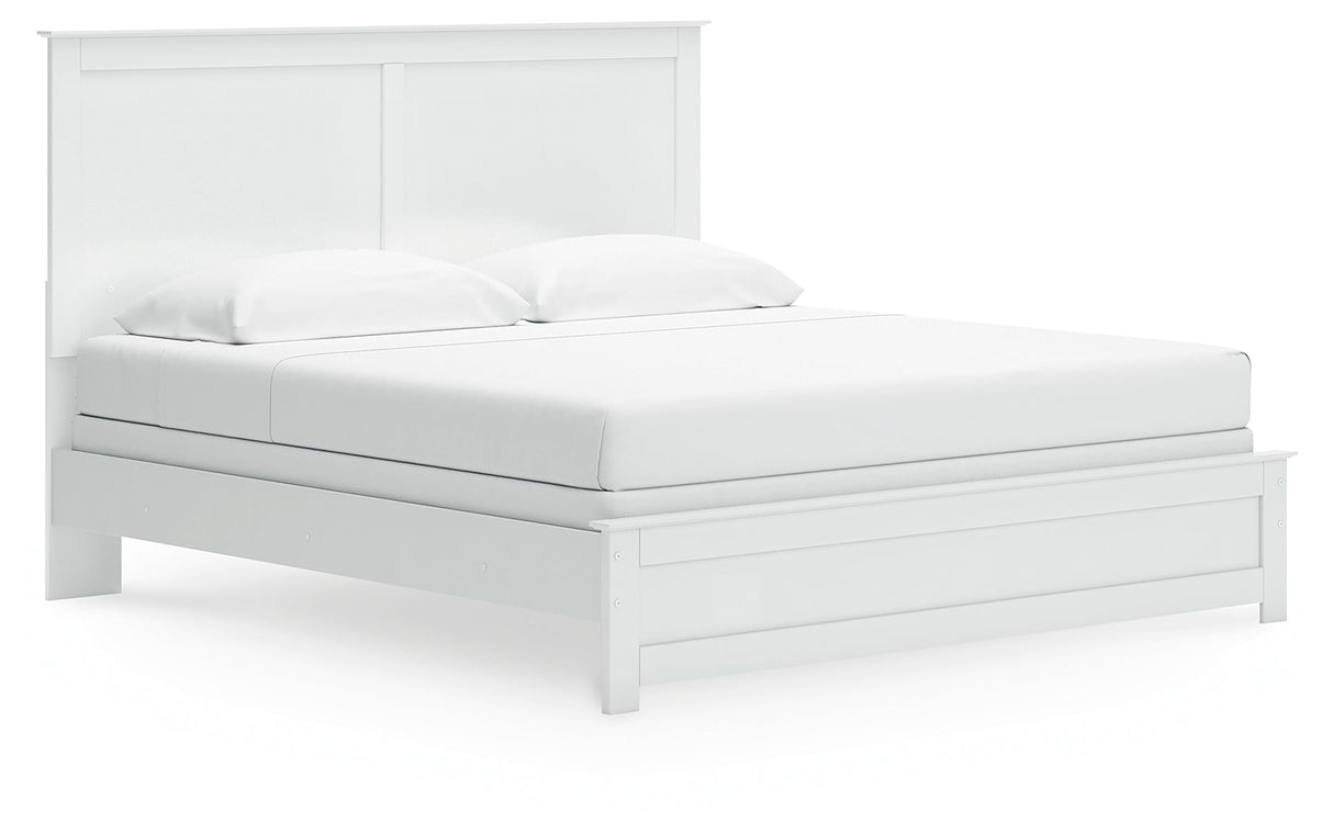 Bostwick Shoals King Panel Bed with Mirrored Dresser and 2 Nightstands in White by Ashley at Eve Furniture