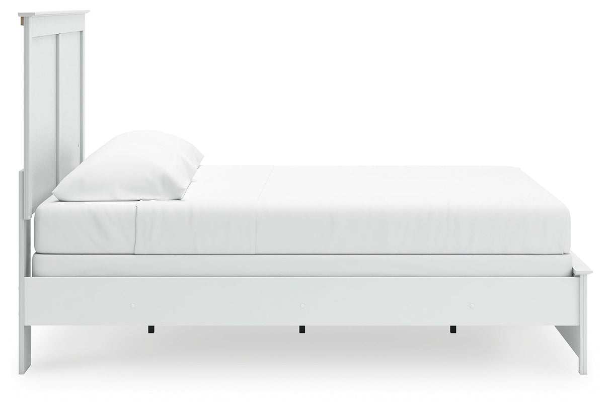 Bostwick Shoals King Panel Bed with Mirrored Dresser and 2 Nightstands in White by Ashley at Eve Furniture