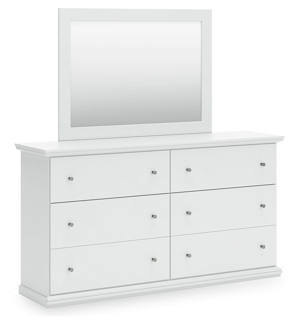 Bostwick Shoals King Panel Bed with Mirrored Dresser and 2 Nightstands in White by Ashley at Eve Furniture