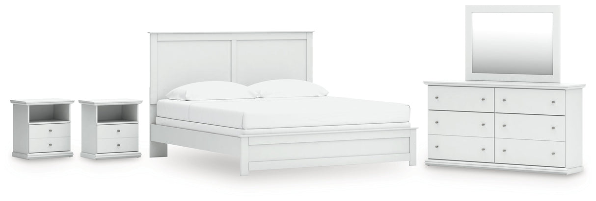 Bostwick Shoals King Panel Bed with Mirrored Dresser and 2 Nightstands in White by Ashley at Eve Furniture