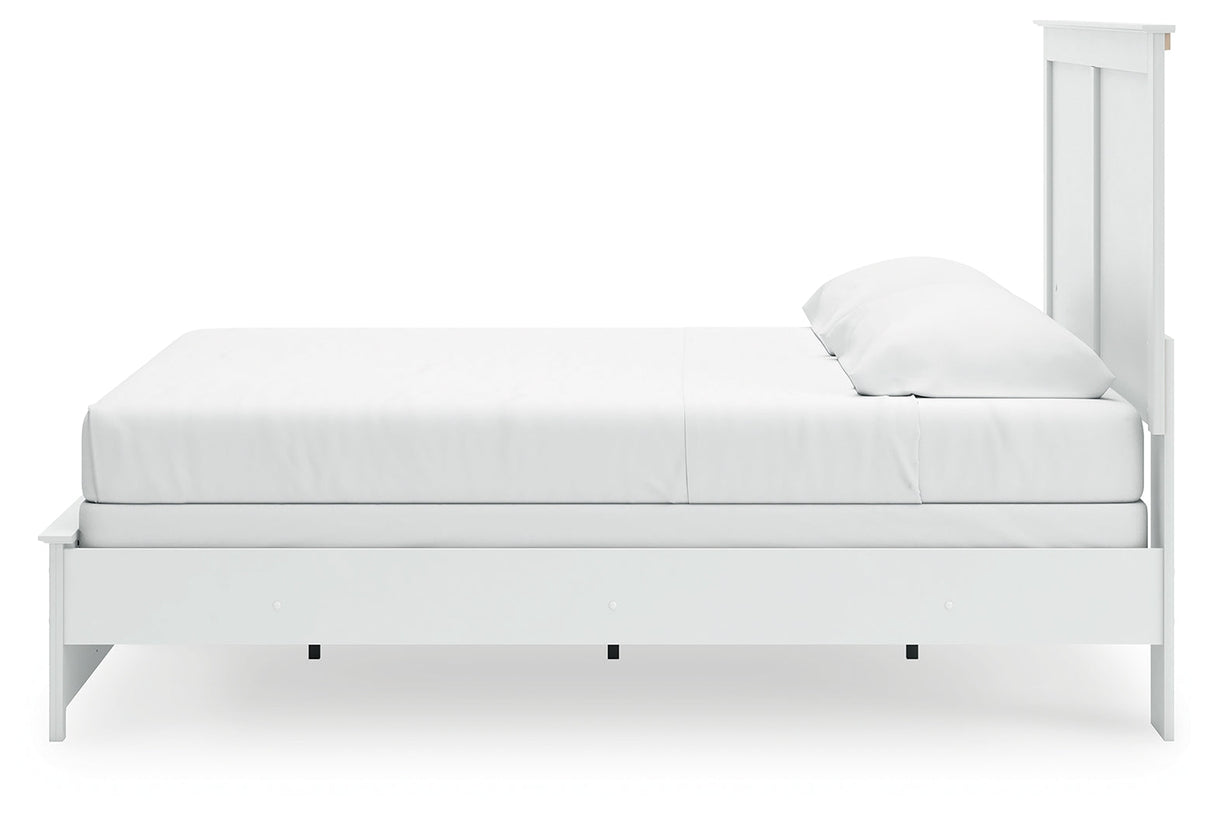 Bostwick Shoals King Panel Bed with Mirrored Dresser and Nightstand in White by Ashley at Eve Furniture