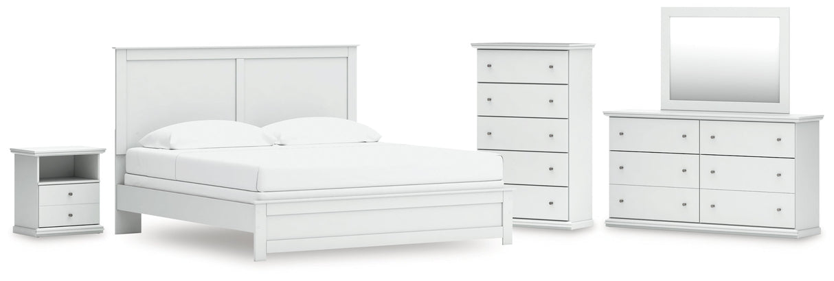 Bostwick Shoals King Panel Bed with Mirrored Dresser, Chest and Nightstand in White by Ashley at Eve Furniture