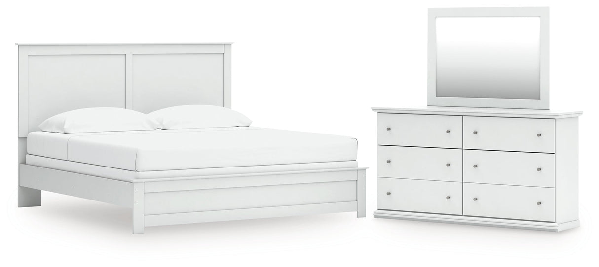 Bostwick Shoals King Panel Bed with Mirrored Dresser in White by Ashley at Eve Furniture