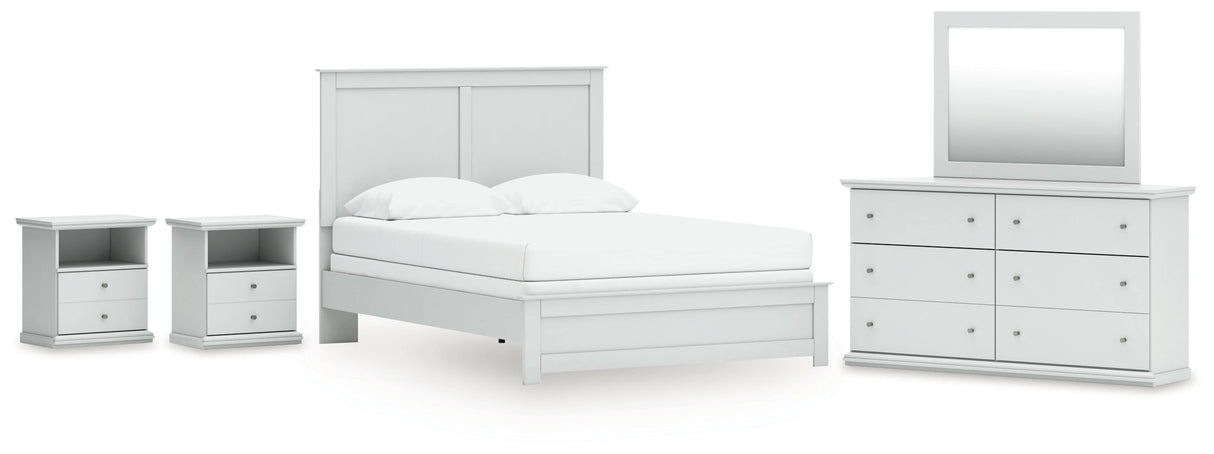 Bostwick Shoals Queen Panel Bed with Mirrored Dresser and 2 Nightstands in White by Ashley at Eve Furniture