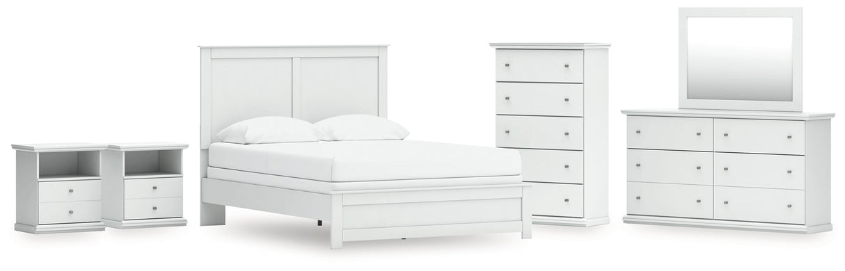 Bostwick Shoals Queen Panel Bed with Mirrored Dresser, Chest and 2 Nightstands in White by Ashley at Eve Furniture