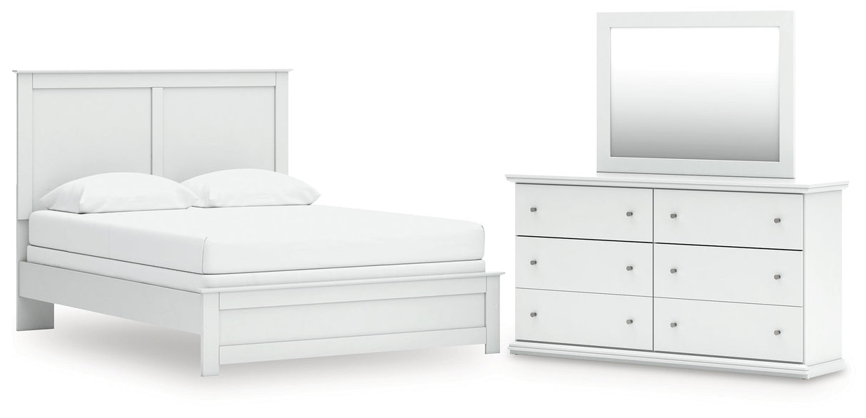 Bostwick Shoals Queen Panel Bed with Mirrored Dresser in White by Ashley at Eve Furniture