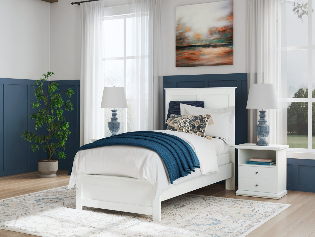 Bostwick Shoals Twin Panel Bed with Mirrored Dresser, Chest and 2 Nightstands in White by Ashley at Eve Furniture