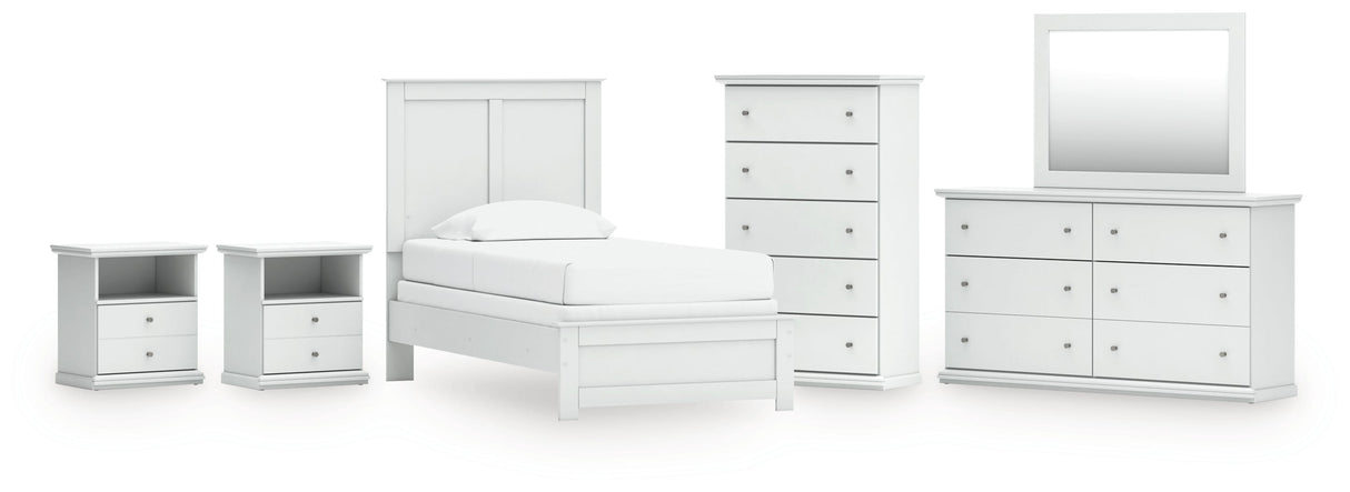 Bostwick Shoals Twin Panel Bed with Mirrored Dresser, Chest and 2 Nightstands in White by Ashley at Eve Furniture