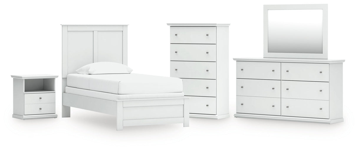 Bostwick Shoals Twin Panel Bed with Mirrored Dresser, Chest and Nightstand in White by Ashley at Eve Furniture