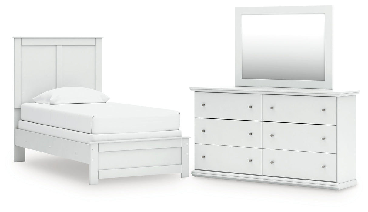 Bostwick Shoals Twin Panel Bed with Mirrored Dresser in White by Ashley at Eve Furniture