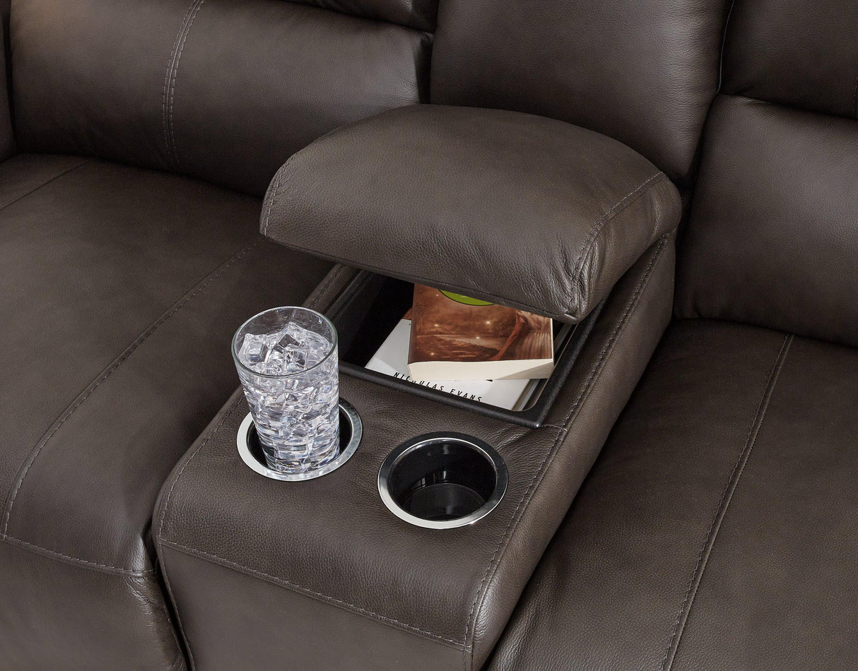 Boxmere Storm Leather Power Reclining Loveseat with Console by Ashley at Eve Furniture