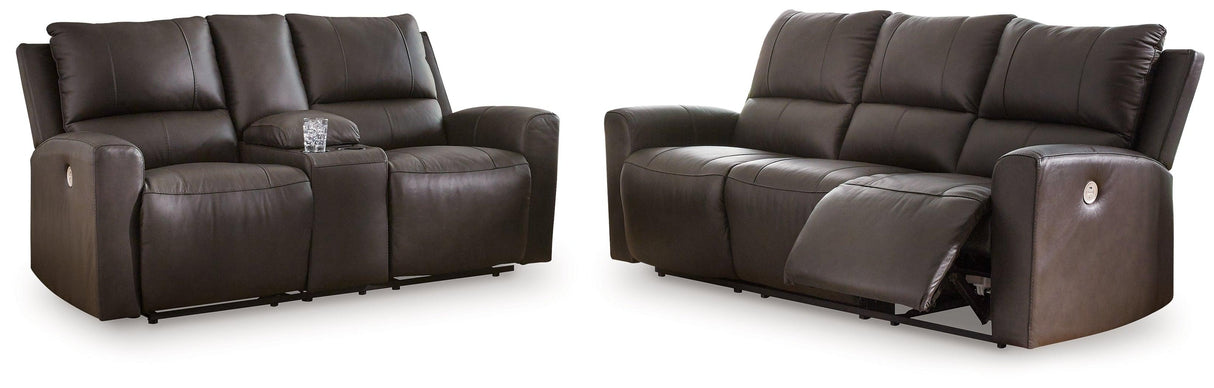 Boxmere Storm Leather Power Reclining Sofa and Loveseat by Ashley at Eve Furniture